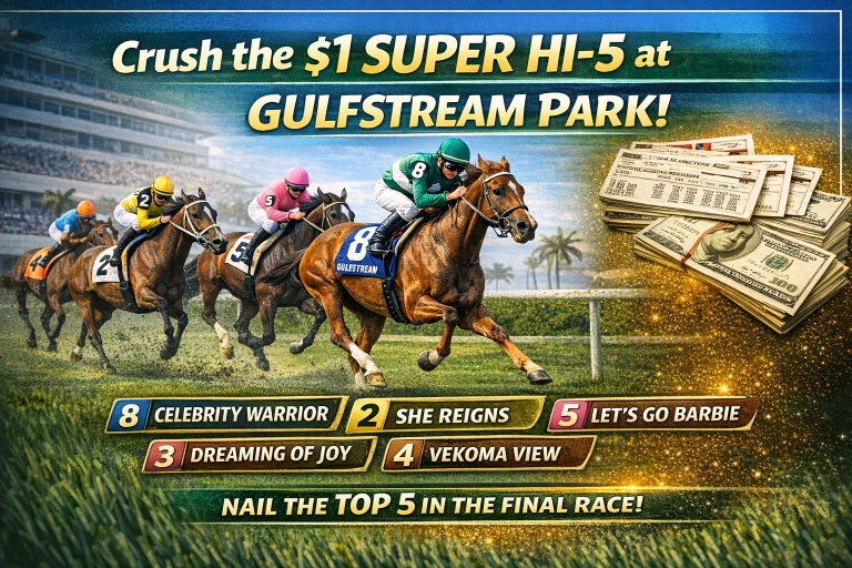 Graphic for the $1 Super Hi-5 at Gulfstream Park featuring horses Celebrity Warrior, She Reigns, Let's Go Barbie, Dreaming of Joy, and Vekoma View.