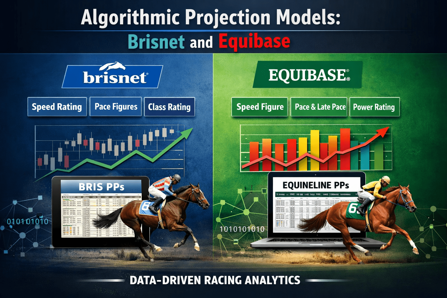 Infographic titled “Algorithmic Projection Models: Brisnet and Equibase” in a 5:2 horizontal layout. The left half (blue theme) features the Brisnet logo above labels reading “Speed Rating,” “Pace Figures,” and “Class Rating,” with a rising line graph and a tablet displaying BRIS PPs. A racehorse and jockey run in front of the tablet. The right half (green theme) features the Equibase logo above labels reading “Speed Figure,” “Pace & Late Pace,” and “Power Rating,” with a colorful bar chart and upward red trend line behind a laptop displaying Equineline PPs. A racehorse and jockey run in front of the laptop. Binary code and data network graphics appear in the background, with the phrase “Data-Driven Racing Analytics” across the bottom.