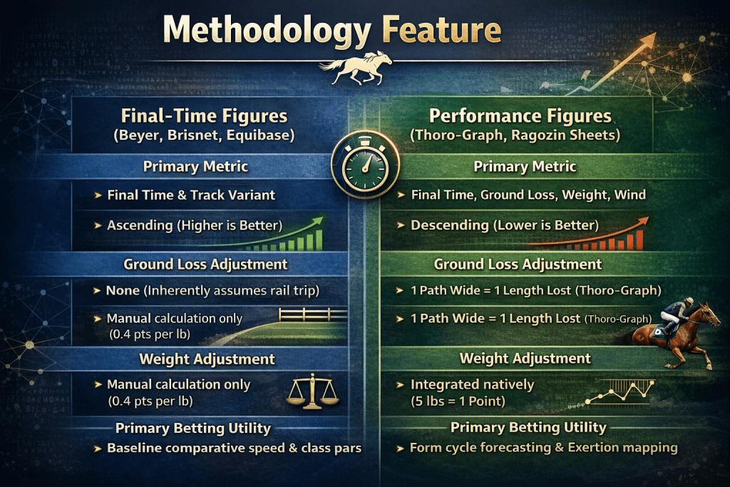 Infographic titled “Methodology Feature” comparing two handicapping approaches in a wide horizontal layout. The left side (blue theme) is labeled “Final-Time Figures (Beyer, Brisnet, Equibase)” and lists: Primary Metric – Final Time & Track Variant; Scale Direction – Ascending (Higher is Better); Ground Loss Adjustment – None (assumes rail trip); Weight Adjustment – Manual calculation only (0.4 points per pound); Primary Betting Utility – Baseline comparative speed and class pars. The right side (green theme) is labeled “Performance Figures (Thoro-Graph, Ragozin Sheets)” and lists: Primary Metric – Final Time, Ground Loss, Weight, Wind; Scale Direction – Descending (Lower is Better); Ground Loss Adjustment – 1 path wide equals 1 length lost; Weight Adjustment – Integrated natively (5 pounds equals 1 point); Primary Betting Utility – Form cycle forecasting and exertion mapping. Decorative elements include a stopwatch icon in the center, upward and downward trend charts, a scale icon, and a running racehorse graphic.