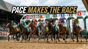 Thoroughbred horses and jockeys burst from the starting gate at the beginning of a horse race.