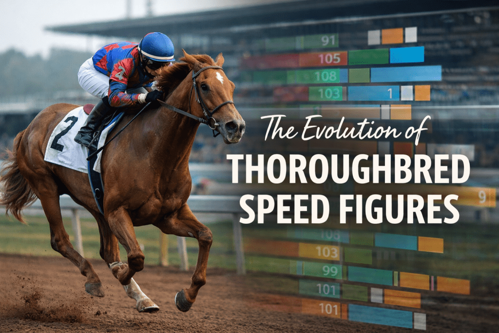 Thoroughbred racehorse running on a dirt track with overlaid text reading “The Evolution of Thoroughbred Speed Figures”
