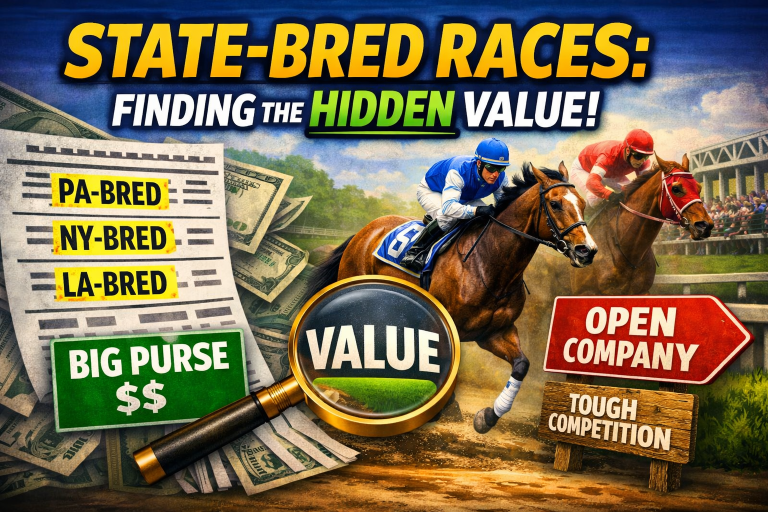 An analysis of horse racing betting strategies, focusing on the hidden value of state-bred races. The image features a thoroughbred racing on a track, a magnifying glass highlighting the word "VALUE," and signs comparing "PA-BRED," "NY-BRED," and "LA-BRED" with "BIG PURSE $$$" against "OPEN COMPANY" with "TOUGH COMPETITION."