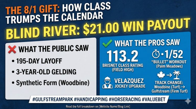 Blind River $21.00 win payout at Gulfstream Park.