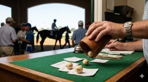 A close-up photo of a person's hand shaking a leather pill bottle over a green felt table, with numbered wooden pills falling out. In the background, horse racing trainers and a horse are visible.