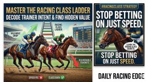 Illustration of two horses racing with a 'Racing Class Ladder' and 'Trainer Intent' strategy overlay