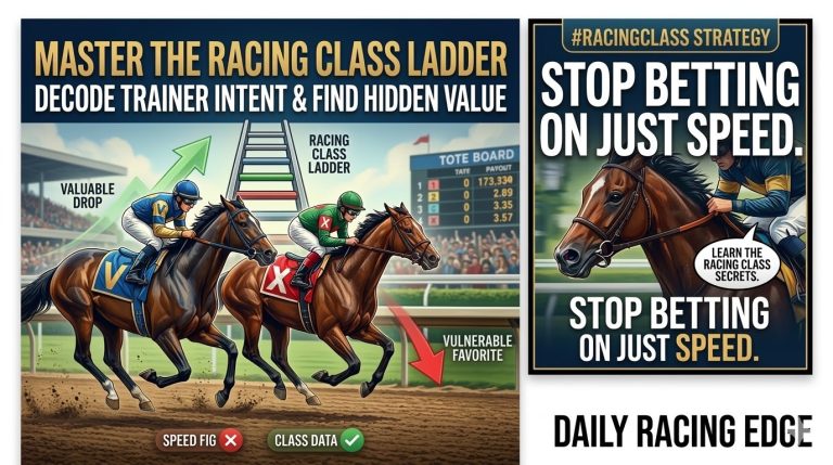 Illustration of two horses racing with a 'Racing Class Ladder' and 'Trainer Intent' strategy overlay