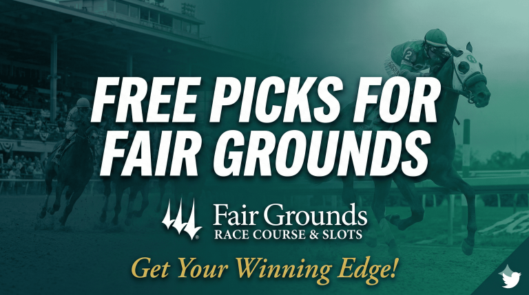 Promotional graphic for Fair Grounds Race Course & Slots featuring a horse and jockey racing, with text "Free Picks for Fair Grounds - Get Your Winning Edge!