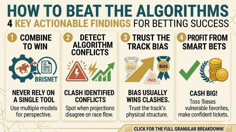Infographic with four columns explaining betting strategies: use multiple models, spot projection disagreements, trust track's physical structure, and identify vulnerable favorites.
