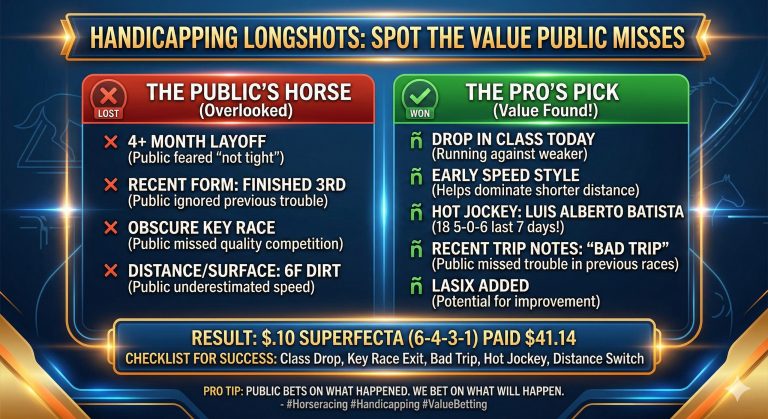 An infographic titled "Handicapping Longshots: Spot the Value Public Misses." The left side shows "The Public's Horse" in red, listing reasons bettors overlooked it: a 4+ month layoff, finishing 3rd in recent form, an obscure key race, and a 6-furlong dirt distance. The right side shows "The Pro's Pick" in green, listing winning signals: a drop in class, early speed style, a hot jockey (Luis Alberto Batista), bad trip notes, and Lasix added. At the bottom, it highlights a $.10 Superfecta payout of $41.14.