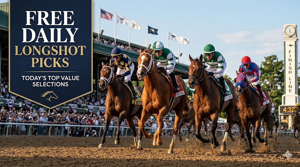 A group of thoroughbred horses racing on a track, used as the featured image for Daily Racing Edge's Free Longshot Picks.