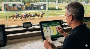 A horse racing enthusiast studying a racing program and placing a Pick 5 bet at a wagering terminal.