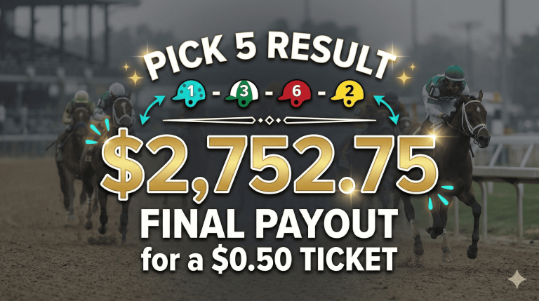 A high-energy horse racing graphic with a blurred background of horses galloping on a dirt track. Large, gold 3D text in the center reads "$2,752.75" with a sparkle effect. Above it, text says "PICK 5 RESULT" accompanied by four colorful jockey helmet icons representing the winning numbers: 1 (turquoise with dots), 3 (green/white), 6 (red), and 2 (yellow). Below the main payout, white bold text reads "FINAL PAYOUT for a $0.50 TICKET.