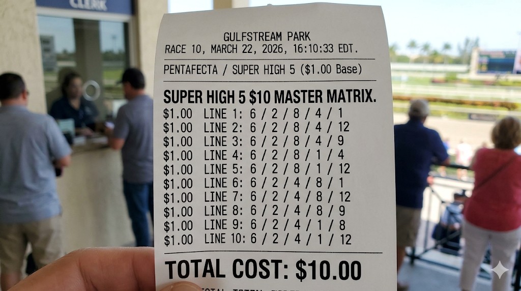 A $10 Super Hi 5 master matrix ticket for Gulfstream Park Race 10 on March 22, 2026, showing a series of horse racing bets.
