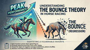 A dynamic horse racing infographic illustrating the "Bounce Theory." The left side, labeled "Peak Performance," features a jockey on a horse surging forward alongside a rising upward arrow and glowing particles. A dotted line with a large arrow arcs from this high point down and to the right, leading to a depleted, stumbling horse labeled "The Bounce (Regression)" with shattered visual effects. Text overlay at the top reads "Understanding the Bounce Theory in Horse Racing." A checklist at the bottom provides steps for "Identifying a Vulnerable Favorite," and the "Daily Racing Edge" logo is in the lower right corner.