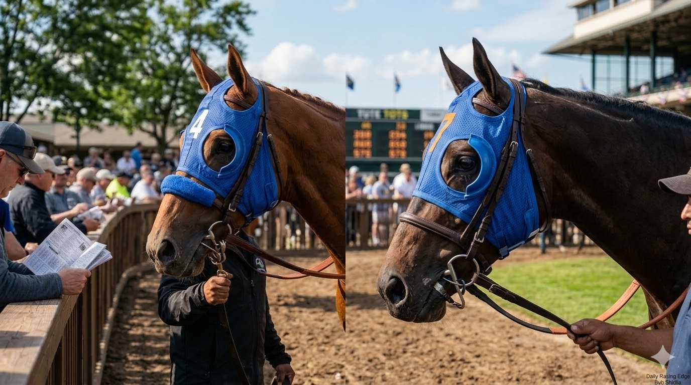 A high-resolution photographic comparison of two Thoroughbred racehorse heads side-by-side in a sunny racetrack paddock walking ring. The profile on the left wears bright blue full-cup blinkers with a solid closure, completely restricting vision. The profile on the right wears bright blue French-cup blinkers featuring a distinctive semicircular indentation and a clear opening that allows the horse significant peripheral and side vision. The ground is dirt, with a softly blurred crowd and grandstand in the background.