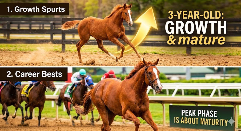A photographic horizontal split image, rendered in vibrant warm colors, capturing the same young chestnut horse in two contrasting situations. The top half shows the horse playfully galloping in a sunlit paddock, a large glowing golden upward arrow superimposed over it, text: '3-YEAR-OLD: GROWTH & MATURITY', and text label: '1. Growth Spurts'. The bottom half shows the horse, now looking much bigger and powerful, in tight focus, leading a pack during a professional race on a dirt track, muscles defined, with a confident expression, text label: '2. Career Bests', and text on a graphic board: 'PEAK PHASE IS ABOUT MATURITY'. The perspective is eye-level, focusing on the horse's energetic movements and growth, against a slightly blurred racetrack grandstand. The lighting is bright and directional.