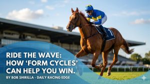This featured image incorporates a powerful action shot of a horse and jockey on a turf track, embodying the energy of the "wave" metaphor described in your article. The dynamic composition and clear white text overlay effectively introduce the concept of "Form Cycles" and establish the author and source, making it a highly effective and visually appealing title image.