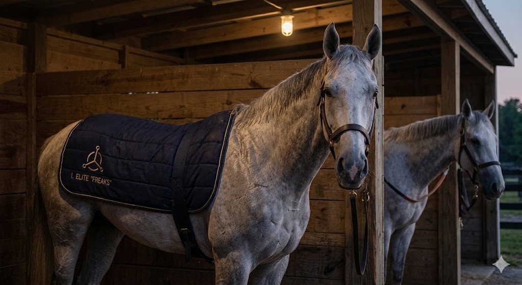 A photographic close-up capturing a beautiful, powerful grey thoroughbred racehorse standing calmly in a rustic wooden stable stall during twilight, wearing a dark blue cushioned blanket embroidered with a golden 'Rule of Three' icon, labeled '1. ELITE "FREAKS"'. The image is warm and diffused.