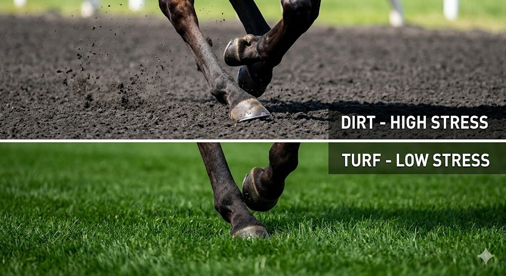 A photographic horizontal split image, illustrating the high-impact stress of a horse's hoof on a dusty dirt track compared to the low-impact, cushioned stress on a lush green turf track.