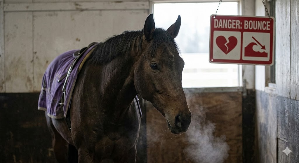 A close-up photograph of a bay racehorse with a dull coat and head low, standing in a plain wooden stable stall, with steam rising from its nostrils and a 'DANGER: BOUNCE' sign in the background.