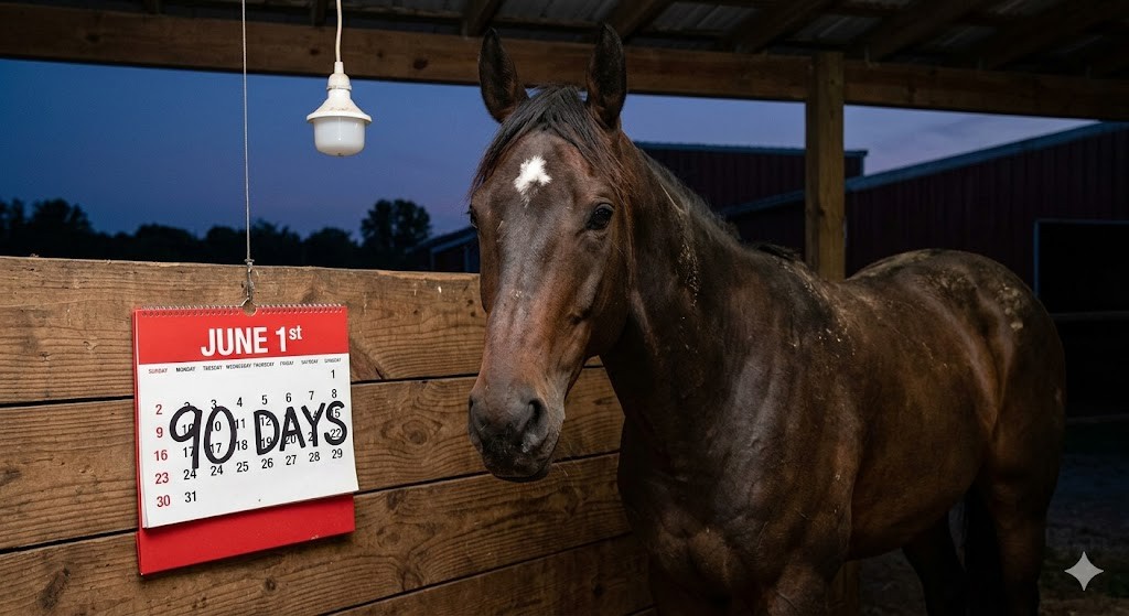 A photographic close-up of a dark bay racehorse standing in a stable at twilight, with a hanging wall calendar in the foreground prominently displaying the 90-day mark. Caption: I consider the old cycle closed [at 90 days]. At this point, the horse has lost its "race fitness."