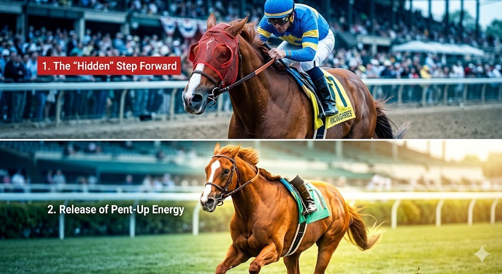 A photographic horizontal split image capturing a chestnut thoroughbred racehorse in two distinct moments, using a cool blue and green color palette. The top half is dynamic and dramatic, showing the horse being sharply checked on a crowded dirt track, overlaid with a translucent cracked red graphic 'troubled trip' mask over its head and labeled '1. The "Hidden" Step Forward'. The bottom half shows the same horse, with no mask, galloping freely and powerful on a sunlit turf track, with a golden glow and text label: '2. Release of Pent-Up Energy'. The perspective is eye-level, focusing on the horse and its energy, against a blurred racetrack grandstand.